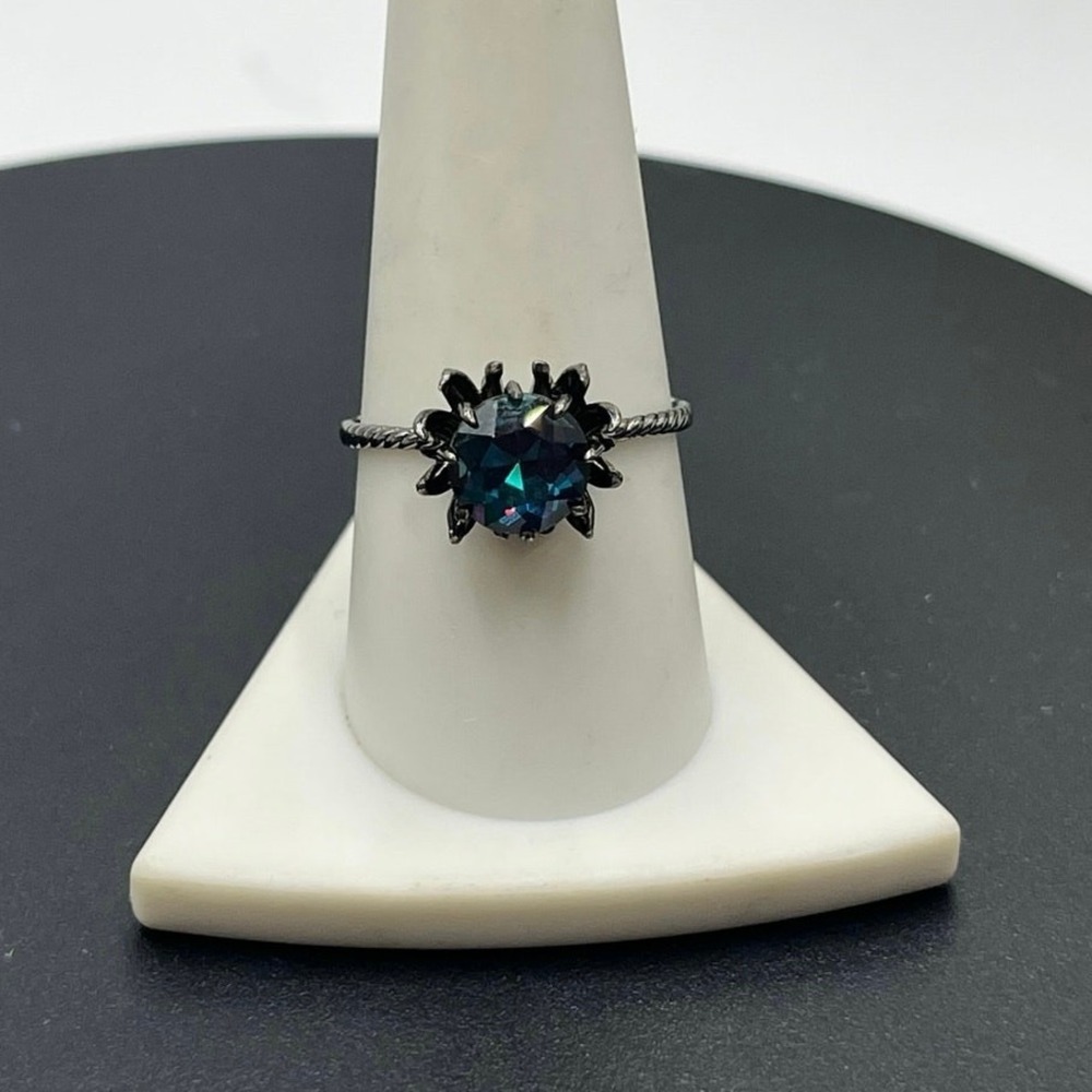 FJ Fragrant Jewels Black Sterling Round Blue CZ Stone Spider Prong Ring Sz 9.5